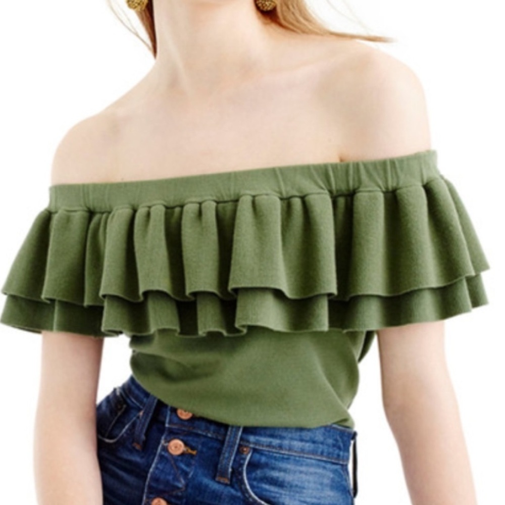 J. CREW | Green Knit Tiered Ruffle Off-Shoulder Crop Sweater Top